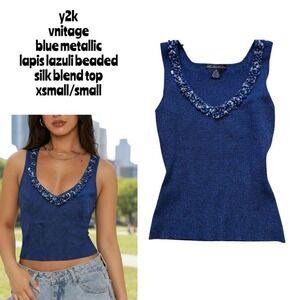 Y2k vtg. Metallic Glitter‎ Lapis Lazuli Blue Beaded Tank XS/Small